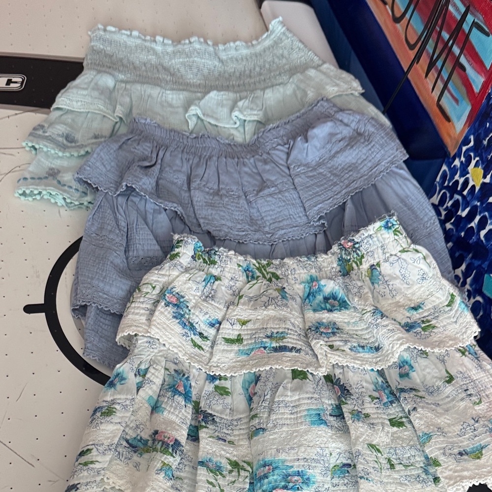 LoveShackFancy Blue and White Floral Mini Skirt Trio